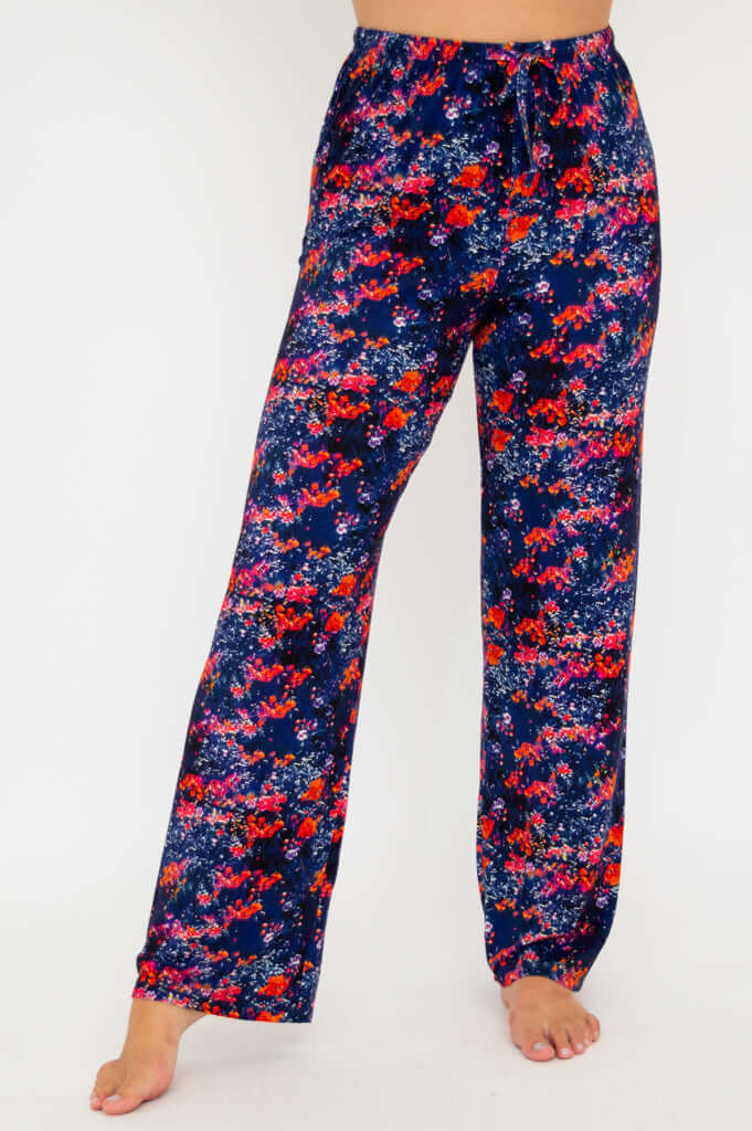 Bamboo lounge pants in a floral pattern, shown with straight leg fit