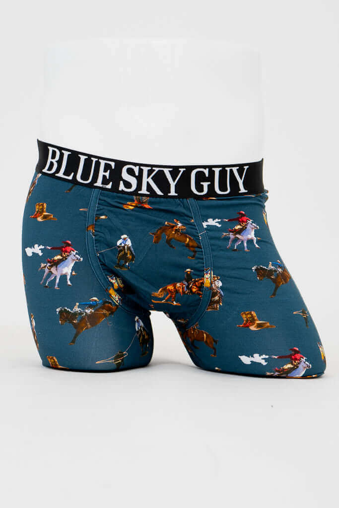 Front view of Blue Sky Guy Middle Man bamboo boxer briefs with rodeo print