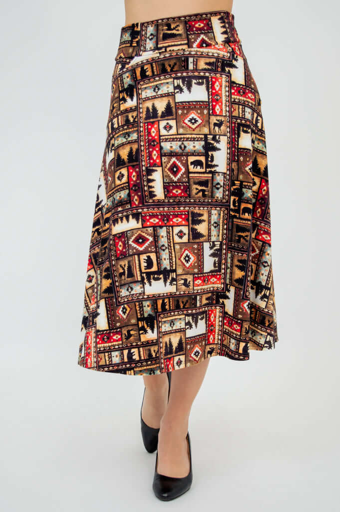 Front angled view of the Gillian midi skirt with southwestern patchwork pattern