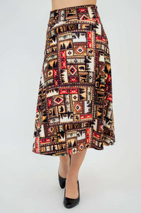 Front angled view of the Gillian midi skirt with southwestern patchwork pattern
