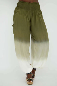 Front angled view of olive ombre wide-leg pants with gathered elastic waistband