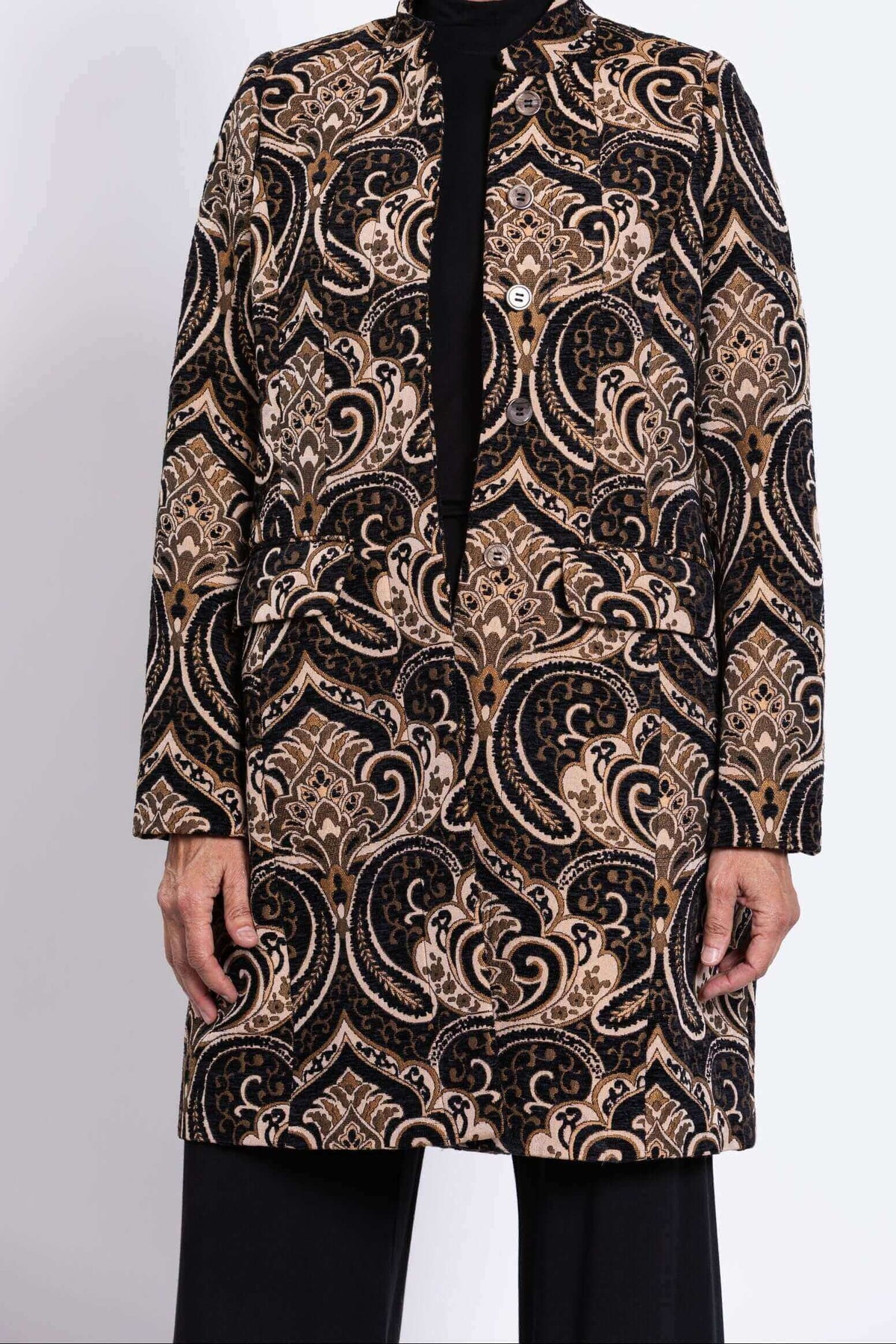 Front close-up of Julia Coat showcasing detailed jacquard pattern and pockets