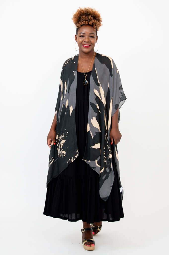 Front-facing model showcasing fluid design of Darcy kimono wrap