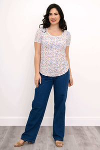 Front view of woman modeling Tessa Tee in confetti dot print with relaxed fit