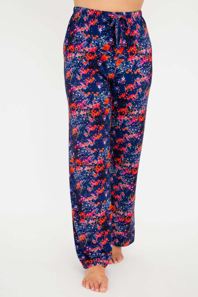 Front view of floral bamboo lounge pant with relaxed fit and drawstring