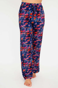 Front view of floral bamboo lounge pant with relaxed fit and drawstring