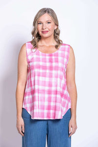 Front mid-length view of woman in pink plaid linen bamboo tank top