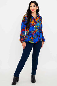 Woman modeling the Linzy bamboo/linen blouse with colorful abstract print from the front