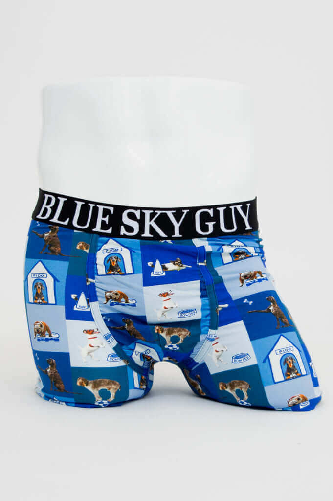 Front view of Blue Sky Guy bamboo boxer briefs with dog and dog house print