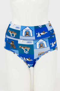Front view of high-waist blue briefs with playful dog print