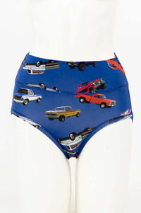 Front view of high-waisted women's brief with colorful retro trucks print
