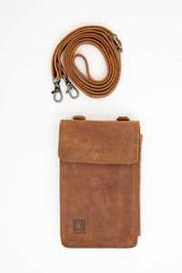 Front view of brown leather crossbody wallet and coiled strap