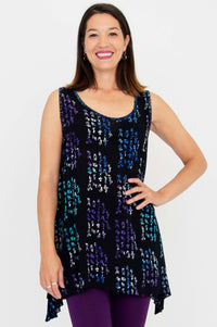 Front view of model wearing black swing tank top with purple and teal abstract script print