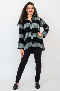 Model standing straight, front view, in Talina Batik Stripe Blouse