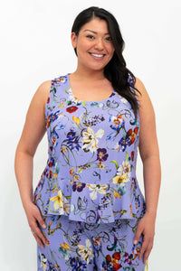 Front view of model wearing Ginny Tank in lavender floral print