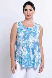 Front view of woman wearing a sleeveless blue watercolour bamboo tank top