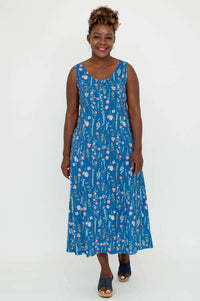 Front view of model wearing the Madison maxi dress in blue wildflower print