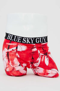 Front view of Middle Man Bamboo Boxer Brief with Crimson Lotus print and BLACK SKY GUY waistband