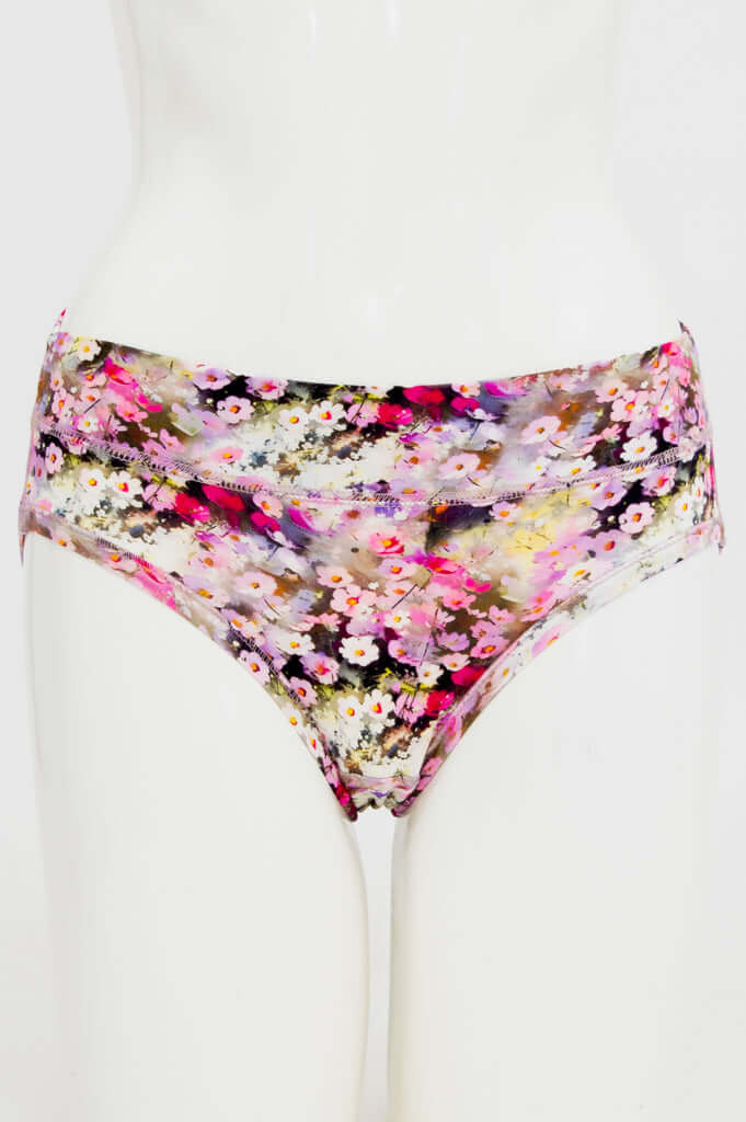 Front view of floral bamboo hipster underwear on mannequin