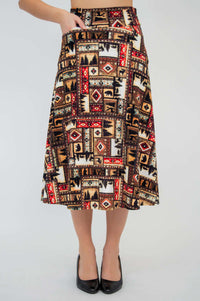 Straight-on front view of Gillian midi skirt showing patchwork pattern and pocket