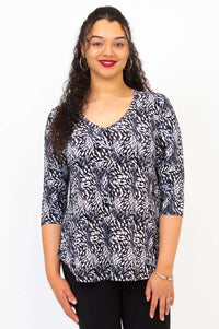 Front view of model wearing Jackie V-Neck Bamboo Top in Feather Black