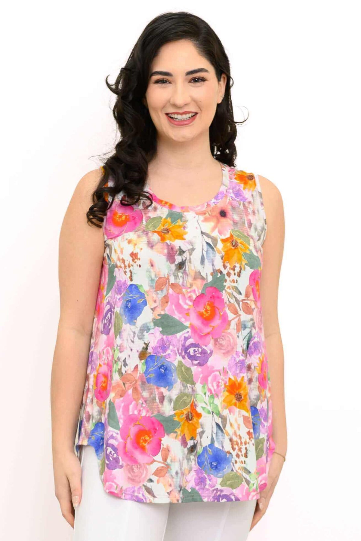 Front view of model wearing sleeveless floral bamboo tank top