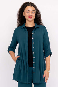 Front view of model wearing teal Michele bamboo French terry blouse-jacket with pockets