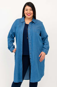 Front view of woman wearing a long sleeve blue Anka denim duster with pockets