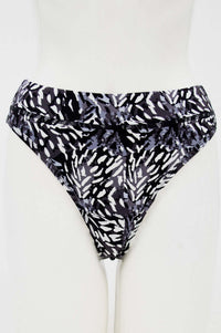 Front view of black and white patterned high rise bamboo thong underwear on mannequin