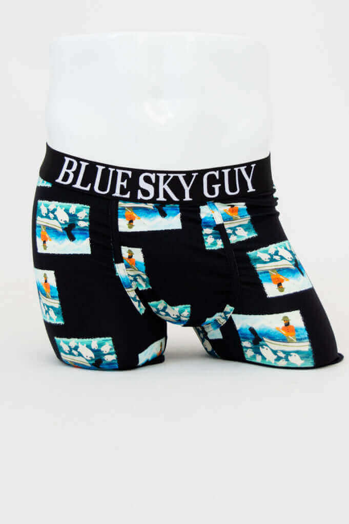 Front view of Black Middle Man Surf Print Underwear by Blue Sky Guy on mannequin