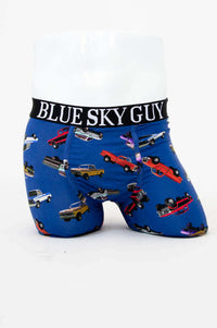 Front view of Blue Sky Guy Middle Man Underwear with truck print and black waistband