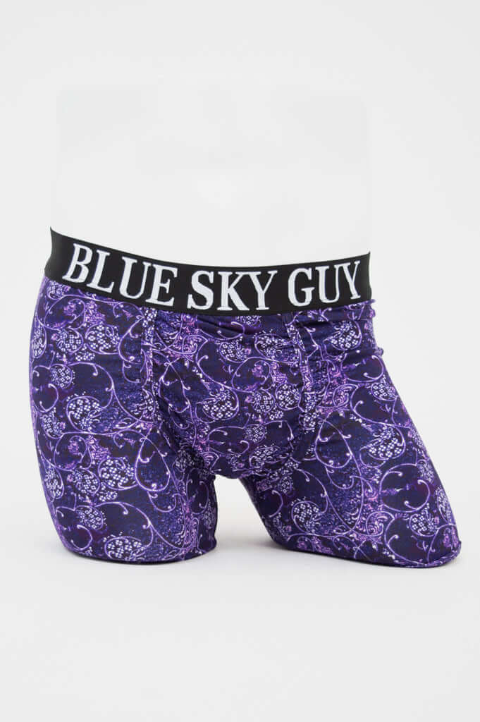 Front view of Blue Sky Guy men's underwear in purple paisley print on mannequin