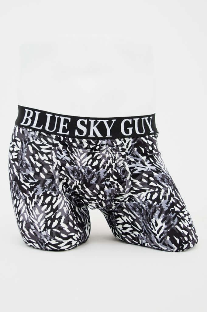 Front view of Blue Sky Guy boxer briefs with black and white abstract pattern