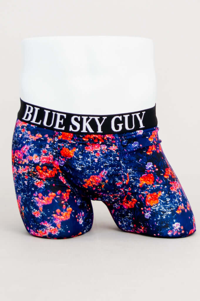 Front view of Blue Sky Guy men's boxer briefs with bold floral print and black waistband
