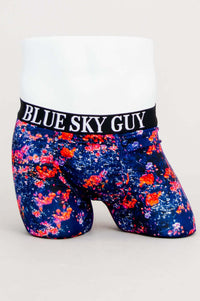 Front view of Blue Sky Guy men's boxer briefs with bold floral print and black waistband