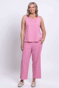 Front view of model wearing Boardwalk Pants in pink linen-blend and matching sleeveless top