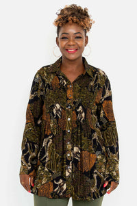 Front view of model wearing Cindy safari print smocked tunic with long sleeves