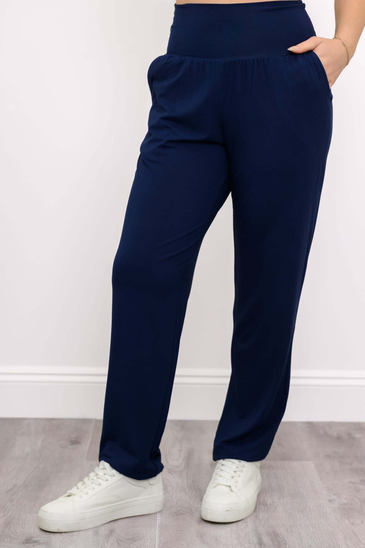 Front view of Clair Bamboo Pants styled with white sneakers