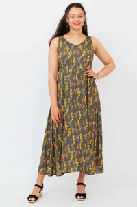 Front view of the Coraline floral maxi dress with empire waist and subtle v-neck