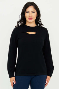 Front view of model wearing a black sweater with unique neck cutout and long sleeves