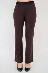 Front view of Daya Flared Modal Pants in coffee color, worn with black heels