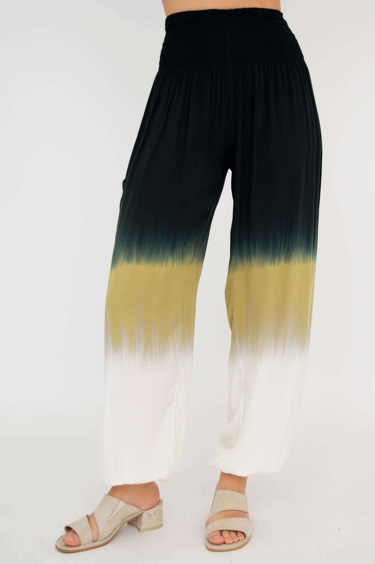 Front view of Embra ombre wide leg pants with black, olive, and white gradient