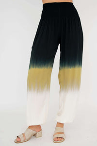 Front view of Embra ombre wide leg pants with black, olive, and white gradient