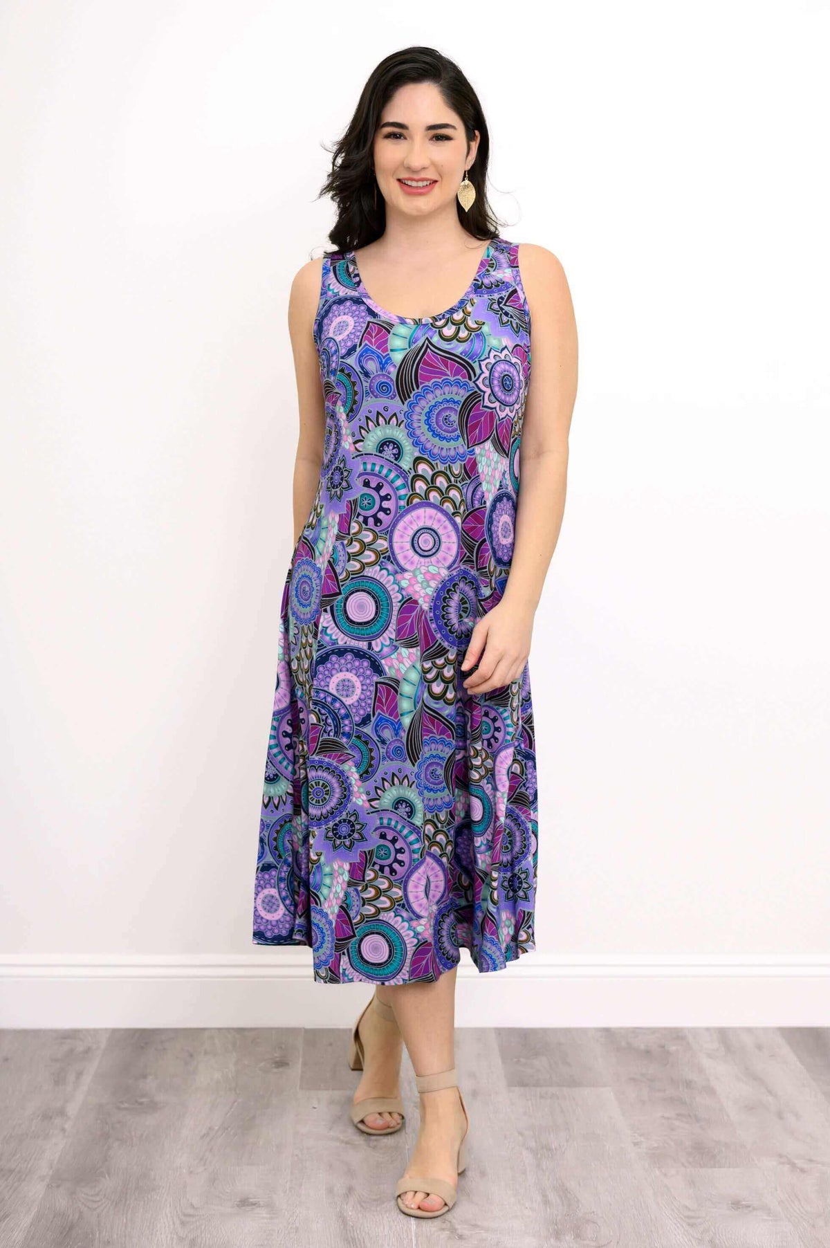 Front view of model wearing Evangelina tank dress in Mandala Garden print
