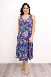 Front view of model wearing Evangelina tank dress in Mandala Garden print
