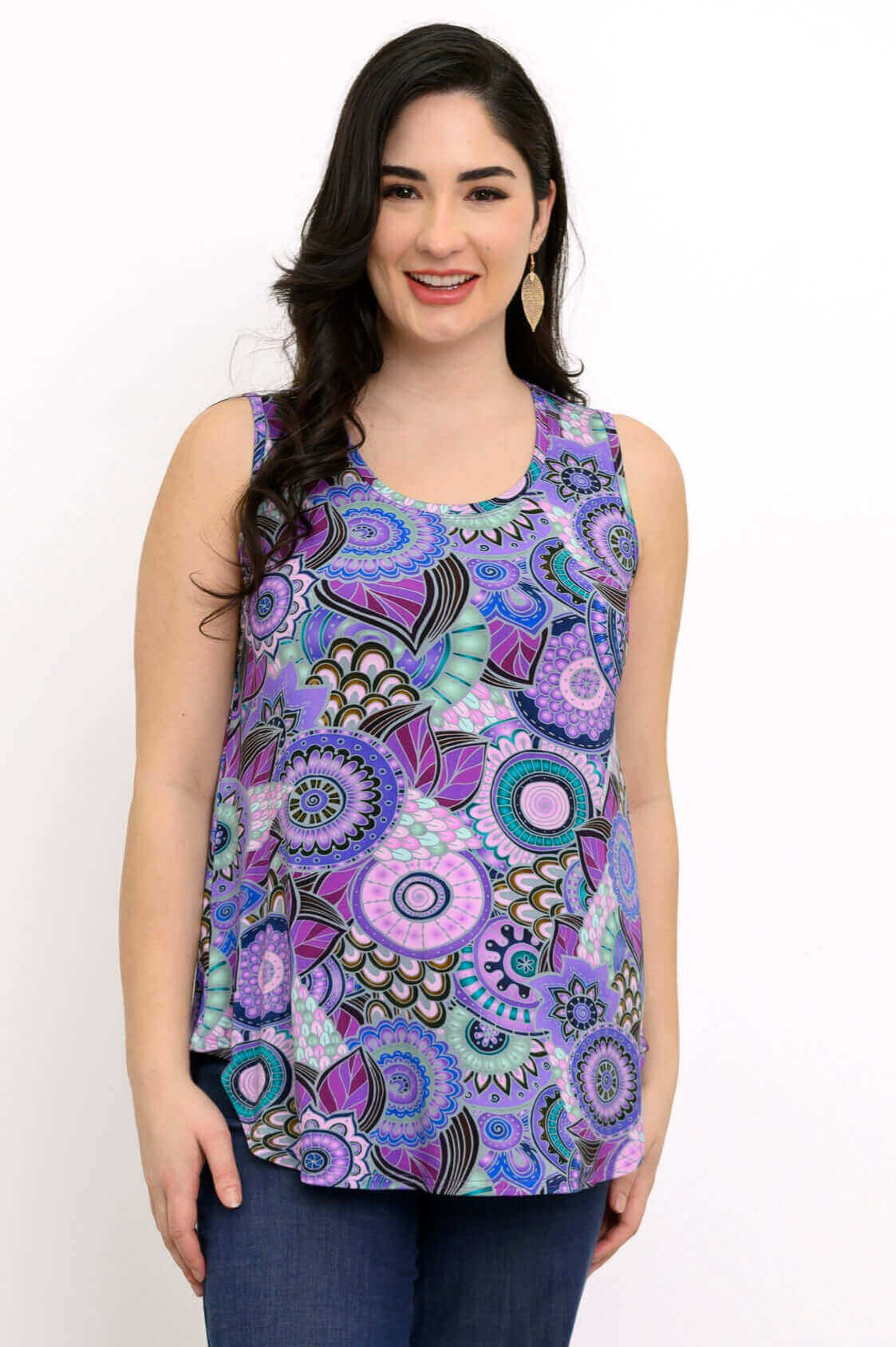 Woman wearing purple floral Jazz bamboo tank top, front view