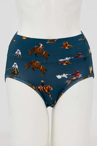 Front view of high-waisted women's brief with playful rodeo cowboy print