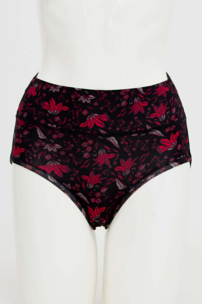 Front view of La Gaunche Classic Floral Brief in red and black bamboo fabric