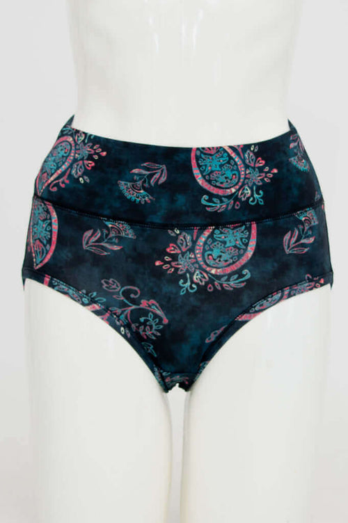 Front view of La Gaunche high-waisted bamboo brief in midnight paisley print