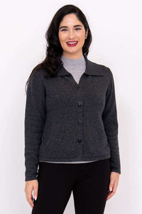 Model wearing a charcoal gray hip-length button-front cardigan with classic collar, front view